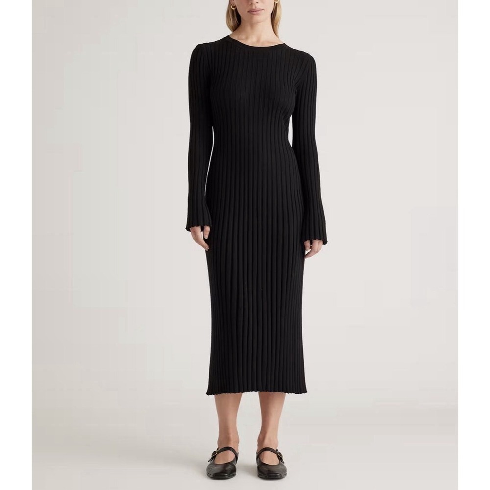 Quince Cotton Cashmere Ribbed Long Sleeve Crew Midi Dress Black Size Small